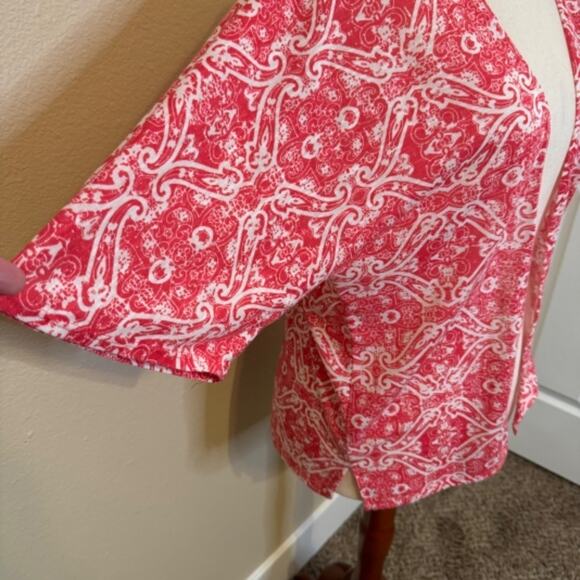 Maurices cardigan coral and white pattered short sleeve open front sweater Sz M - Picture 5 of 9
